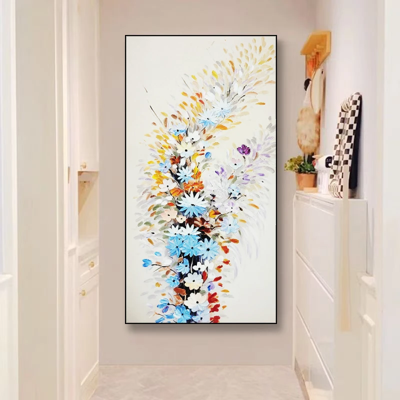 手绘大芬油画村走廊玄关装饰画竖版一路生花现代简约花卉80160