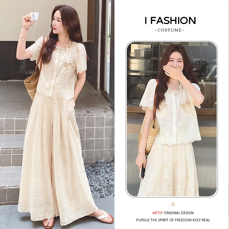 小个子时尚洋气套装女2025年夏季新款宽松遮肉上衣直筒裤两件套潮