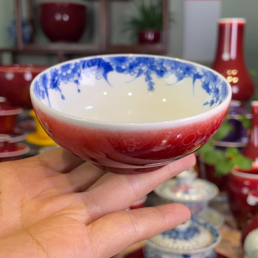 清欢雅玩原矿郎红内绘蝶恋花普洱杯