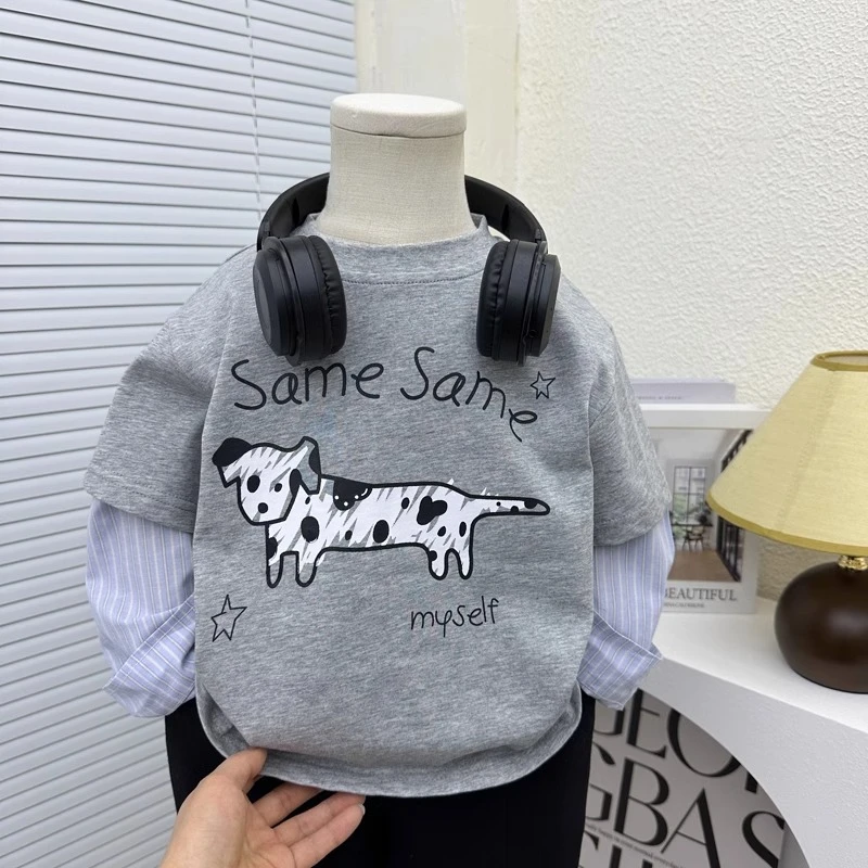 男童春装长袖上衣2025新款儿童休闲卡通圆领T恤春秋洋气假两件t潮