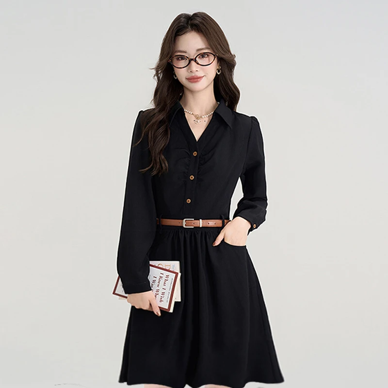 【密】【送腰带】【短款】小黑裙衬衫裙收腰连衣裙女新款面试服装D0340