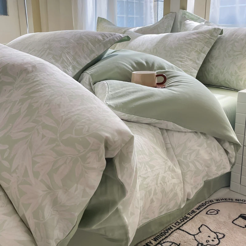 A类母婴全棉双层纱提花四件套纯棉裸睡简约床单被套床上用品4件套