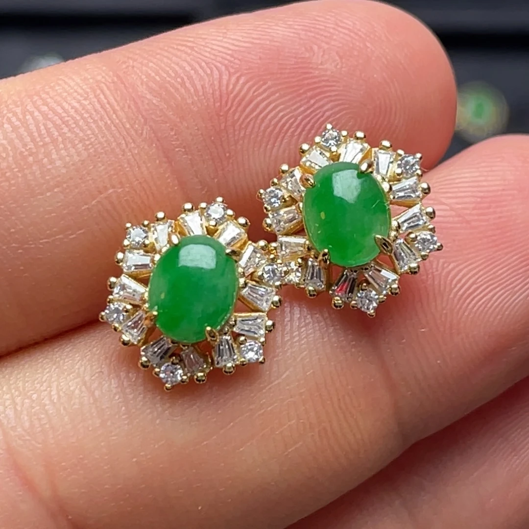 M***a翡翠银S925镶嵌耳饰纯天然缅甸翡翠A货