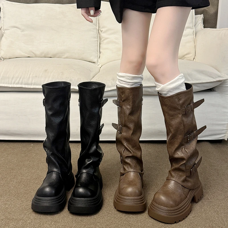 美拉德小个子皮带扣裤管长靴女2025秋冬季新款显瘦堆堆长筒骑士靴