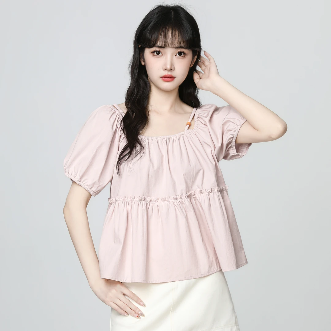 法式粉色方领短袖衬衫女夏2025夏季新款泡泡袖娃娃衫衬衣短款上衣