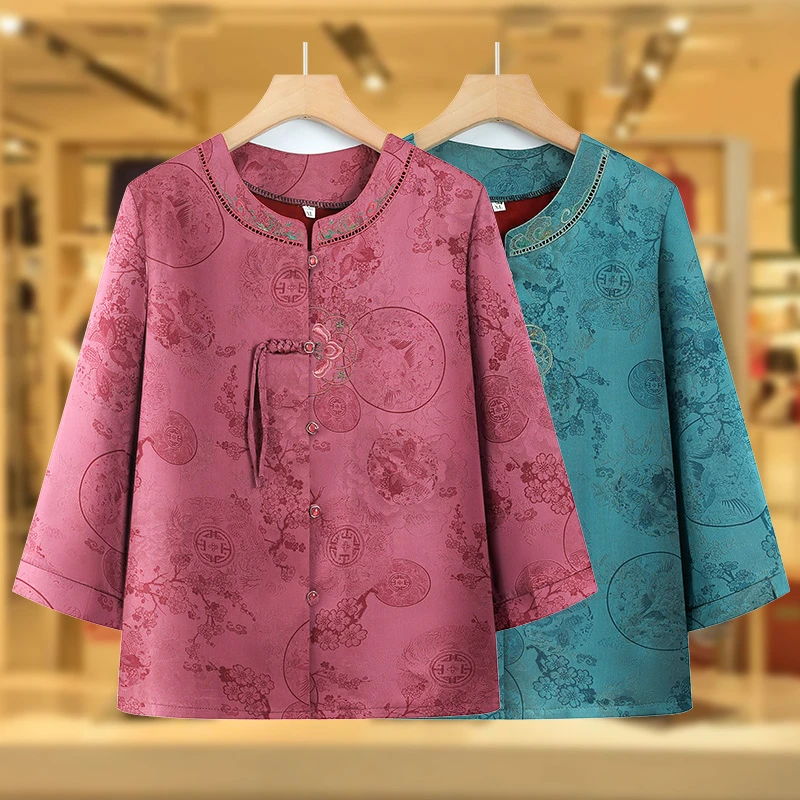 奶奶夏装新中式洋气衬衣2025妈妈新款国风上衣女老人开衫圆领衬衫