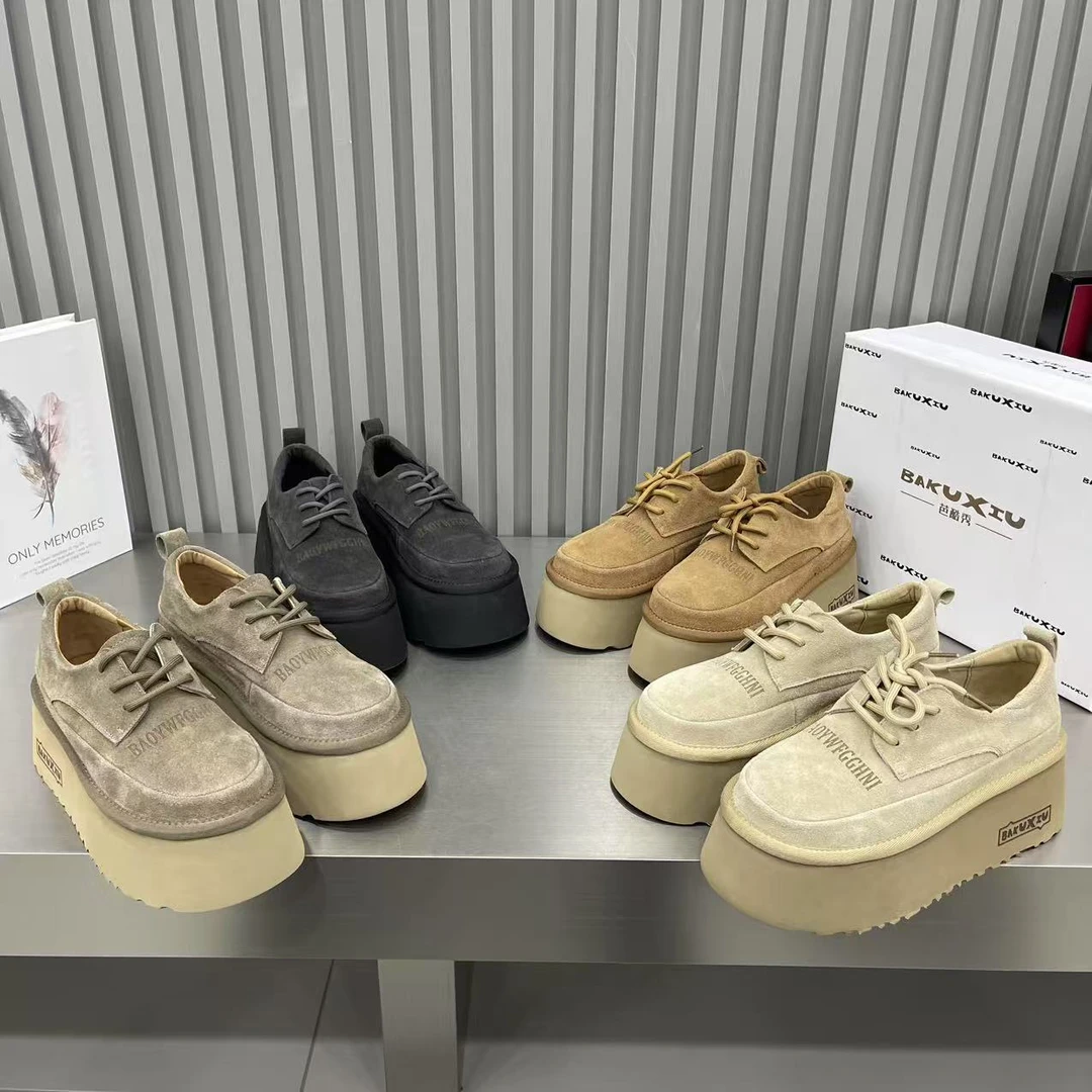 韩版厚底增高磨砂皮外穿鞋2025春新款皮面洋气百搭系带博肯鞋女潮