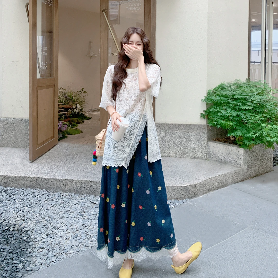 夏季ootd元气减龄穿搭套装裤女2025新款蕾丝开叉罩衫阔腿裤两件套