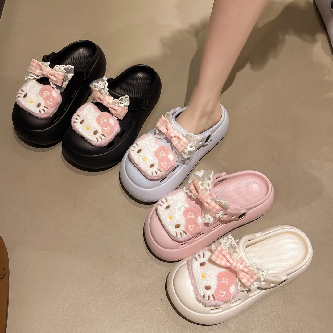 可爱卡通kitty猫洞洞鞋女2025夏季新款厚底增高防滑沙滩包头拖鞋