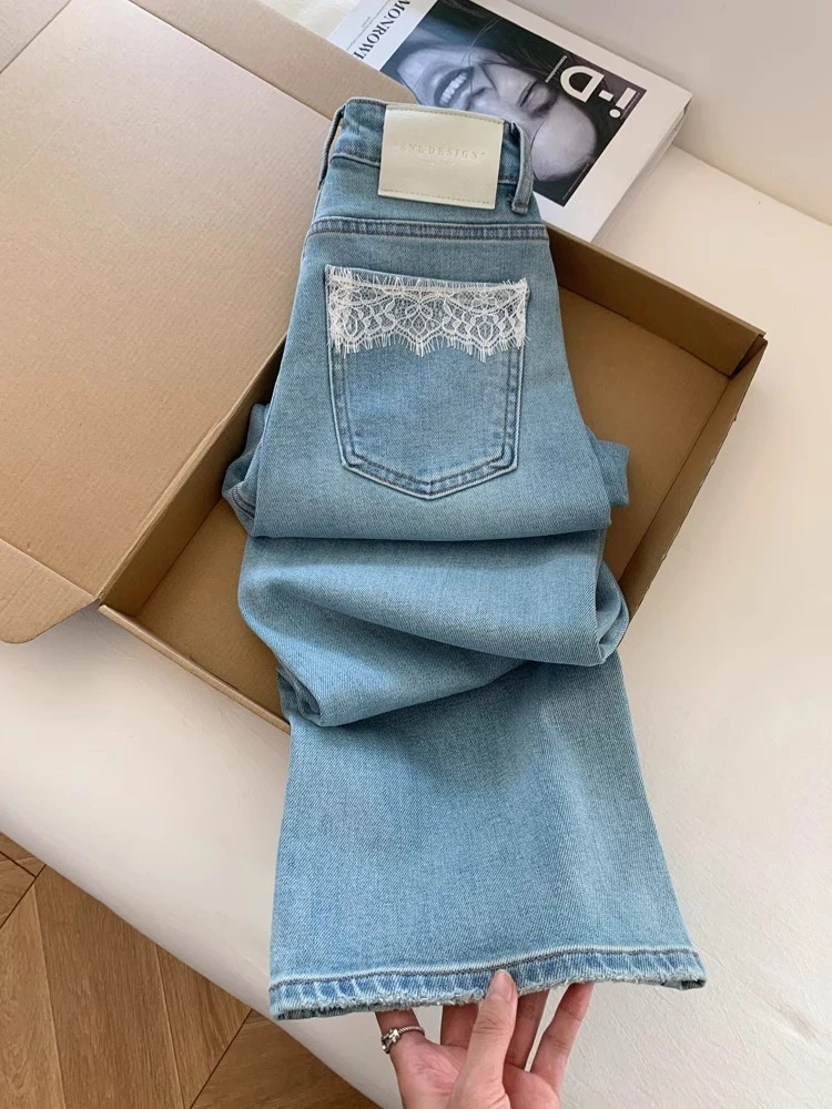蕾丝设计感浅色高腰牛仔裤阔腿宽松烟管法棍窄版直筒长裤子女显瘦