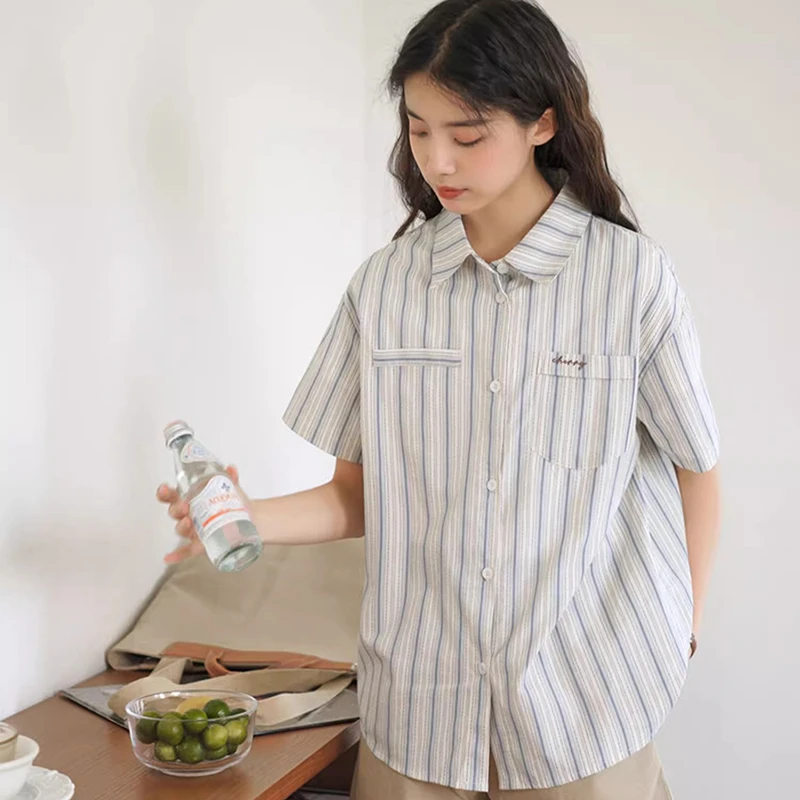 学院风复古刺绣条纹衬衫女夏季甜美小清新短袖衬衣小众polo领上衣