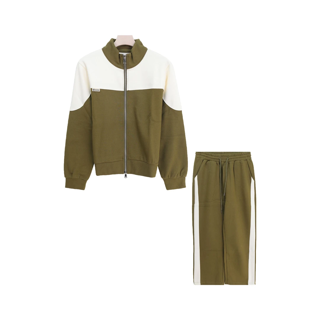 E6529拼色宽松洋气减龄上衣条纹休闲裤套装