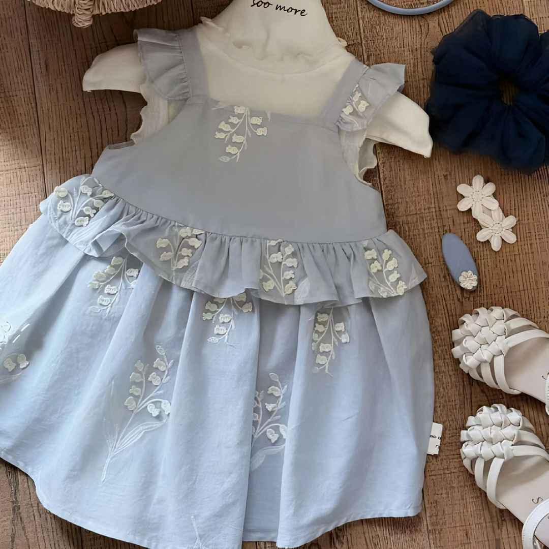soomore现货～女童韩系碎花背带裙婴儿纯色百搭甜美蛋糕连衣裙