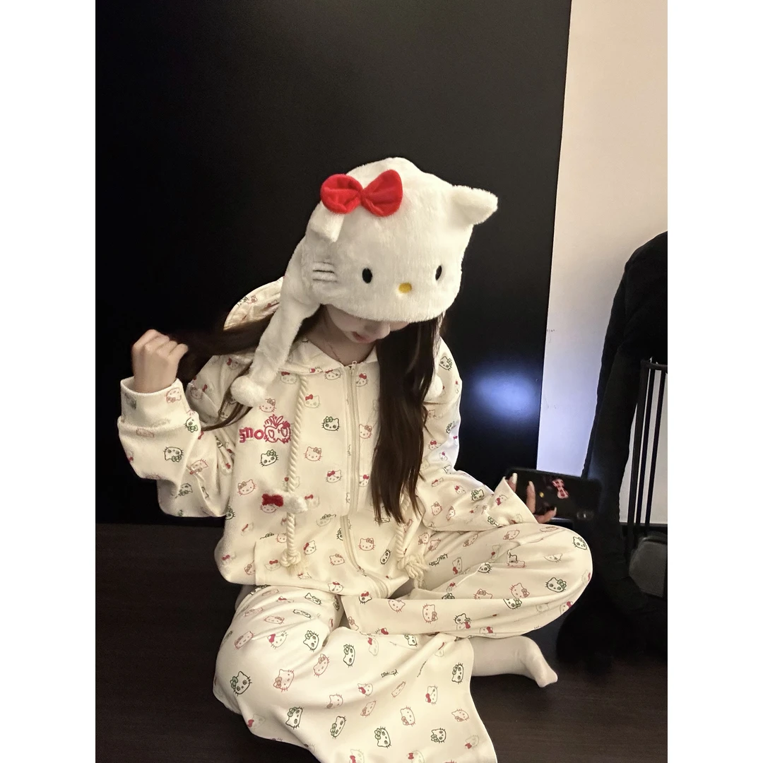 甜美kitty猫可外穿拉链连帽卫衣家居服睡衣女春秋新款慵懒风套装