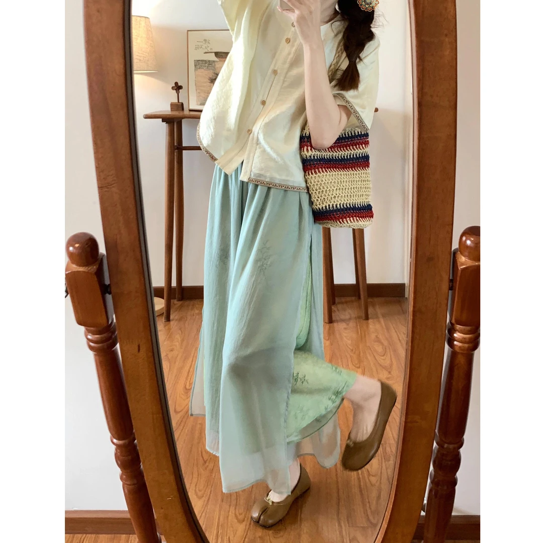 新中式女装国风清冷感穿搭禅意改良汉服上衣古风阔腿裙裤两件套装