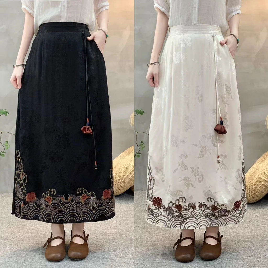 雪儿 新中式国风复古祥云牡丹绣花马面裙缎面半身裙1532