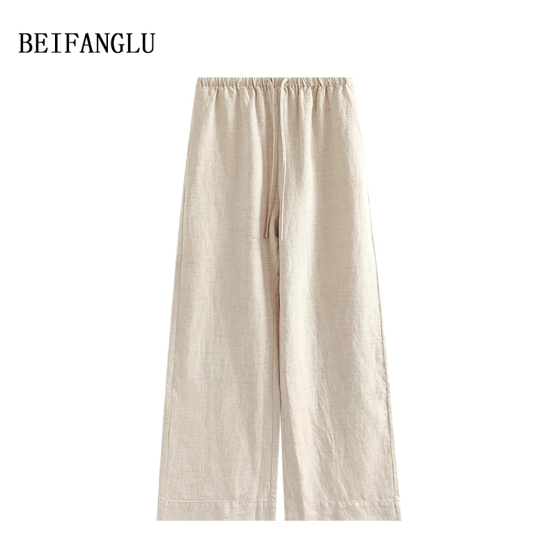 北方鹿【38女神节】老钱风天丝亚麻舒适百搭松紧腰阔腿休闲裤W9287