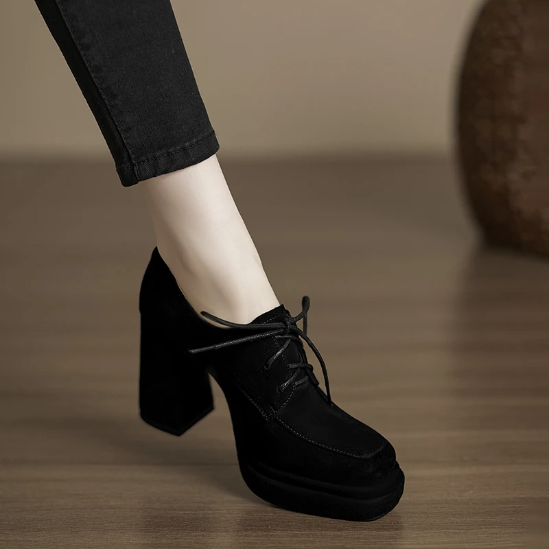 小个子手工女鞋9.5cm~不累脚防水台高跟鞋粗跟深口单鞋黑色小皮鞋
