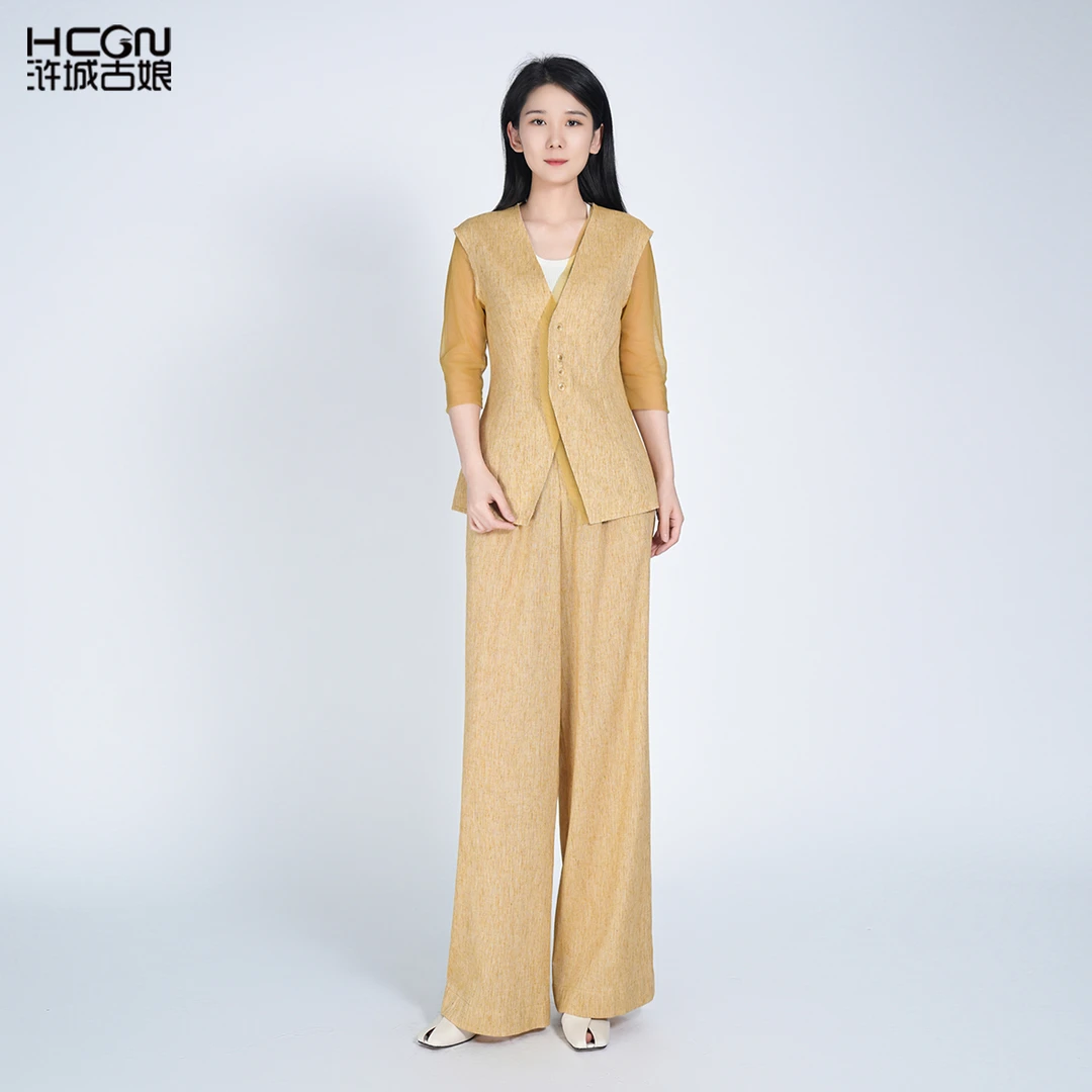 中国风黄色减龄春天V领舒适气质女套装HBSS050068+HBSS050069