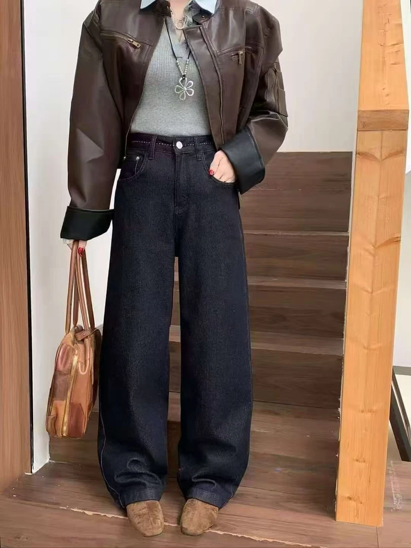 秋季小众通勤百搭腰头明线设计弹力牛仔阔腿裤H9787