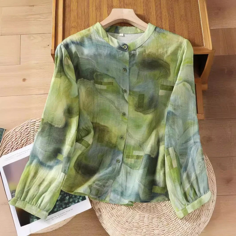 小香风气质显瘦百搭苎麻衬衫女立领长袖独特印花上衣7076