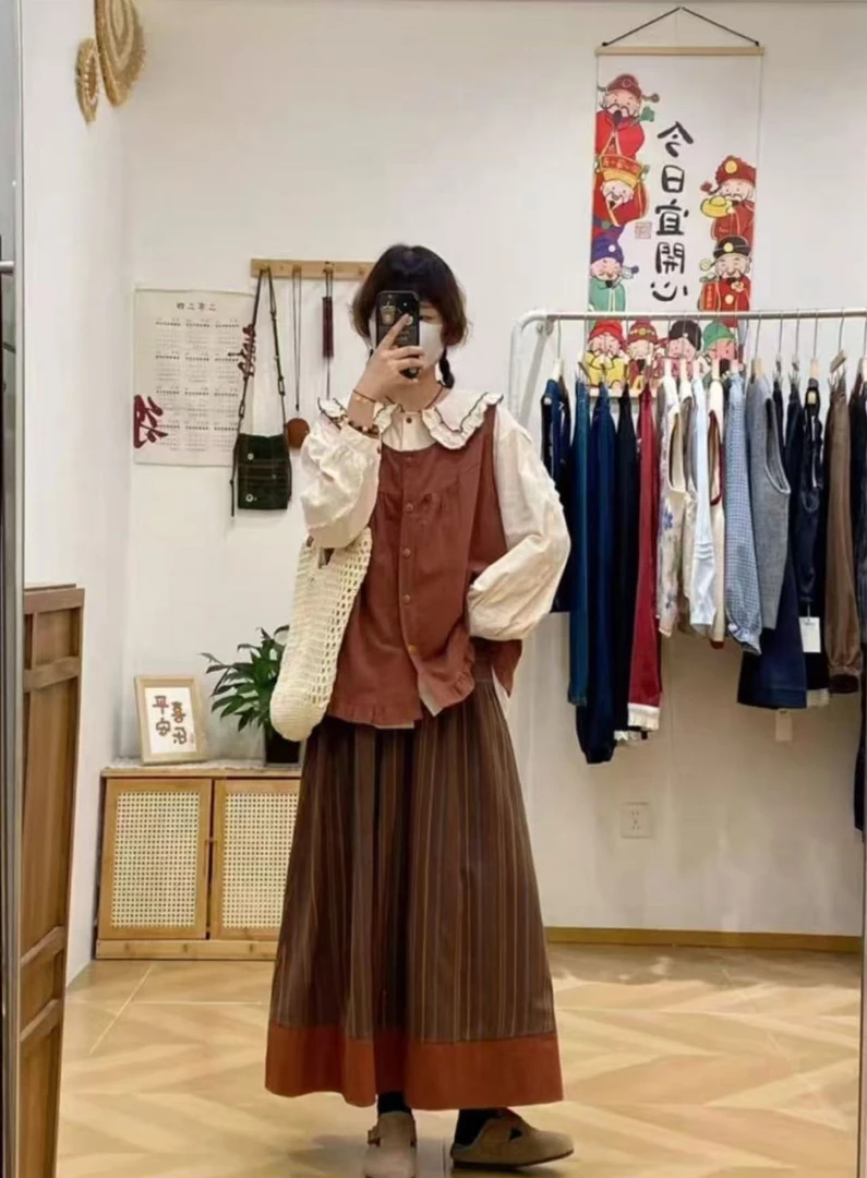 休闲风森系时尚套装拼接时尚百搭气质开衫背心衬衫女装百褶-99015