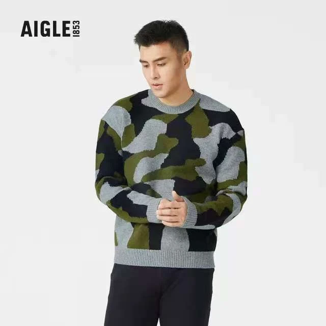 AIGLE艾高NENUCA男士套头针织衫迷彩提花休闲圆领毛衣J985