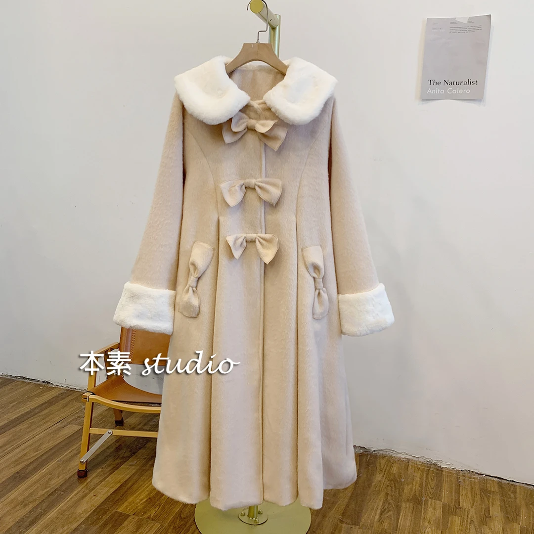 C2996蝴蝶结毛绒拼接娃娃领毛呢外套