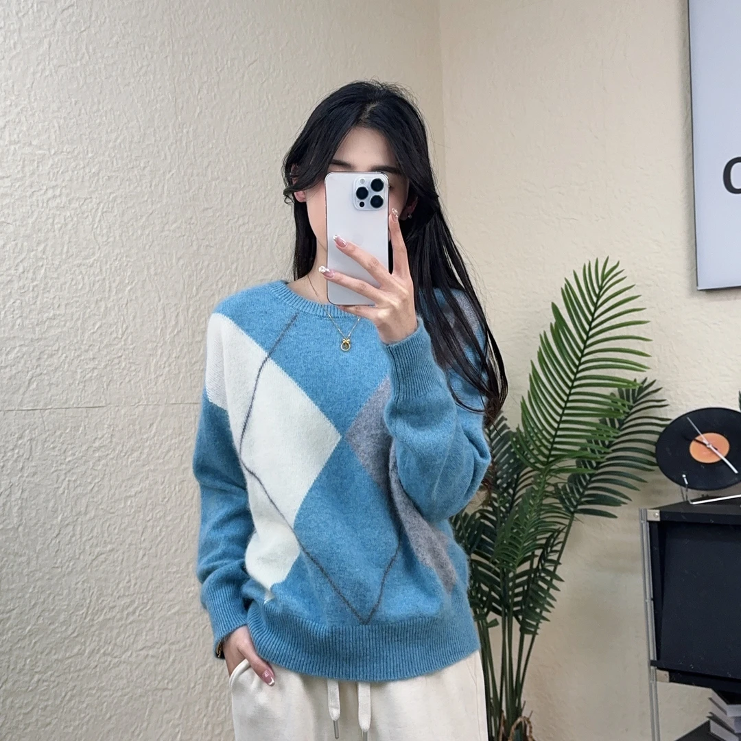 【硬货】5530时尚显瘦菱形格纹拉毛气质秋冬针织圆领套头毛衣