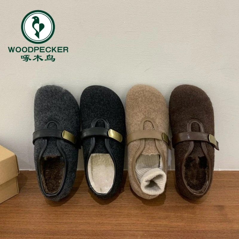 啄木鸟内增高韩版百搭毛毛鞋女2025冬季魔术贴毛呢平底玛丽珍鞋