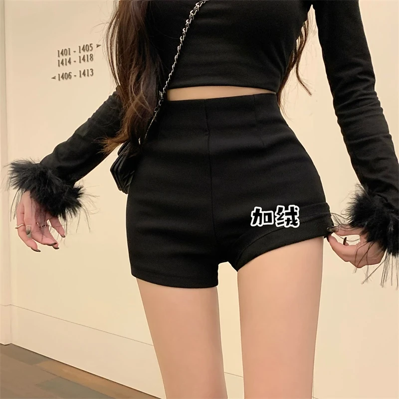 黑色加绒弹力百搭短款性感包臀辣妹靴裤超短热裤女秋冬外穿短裤