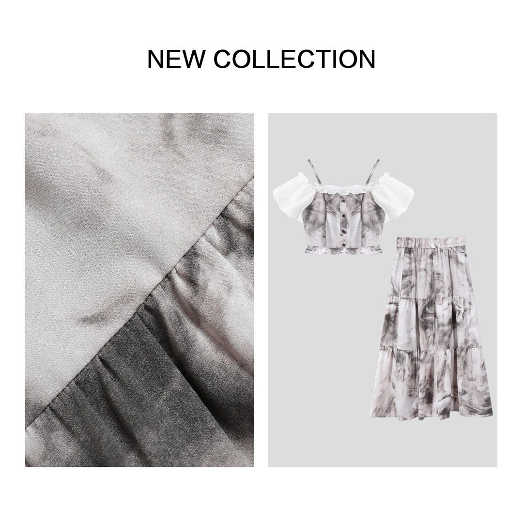 【诗语专属】扎染露肩泡泡袖上衣+层叠长裙套装D3F28060