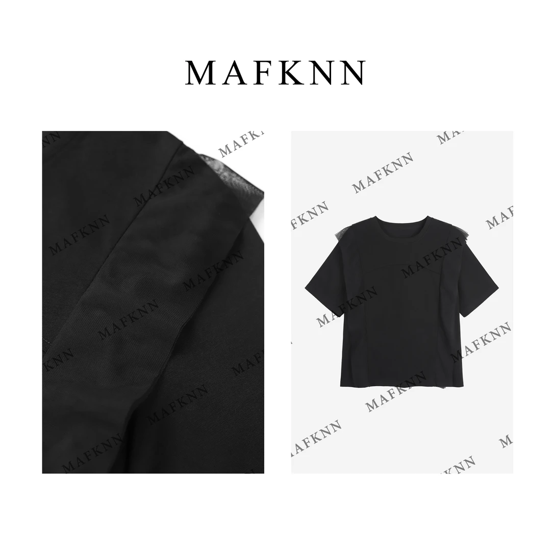 MAFKNN/玛肯时尚休闲简约纯色百搭显瘦舒适短袖蕾丝T恤MK11994