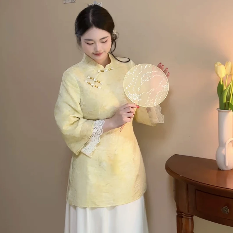 花盏【自制款】假两件原创设计大码胖mm新中式拼接连衣裙鹅黄色秋