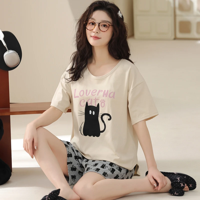 卡之恋夏季女士睡衣短袖短裤套装减龄小猫减龄家居服
