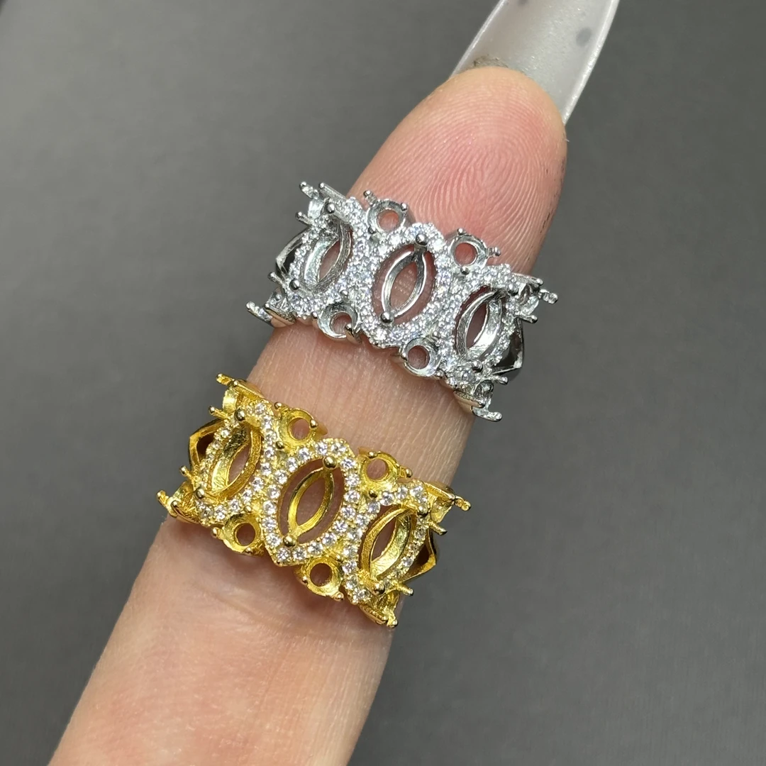 925银锆石戒指 925银镀金戒指空托底托马目形2.5×5+圆3毫米