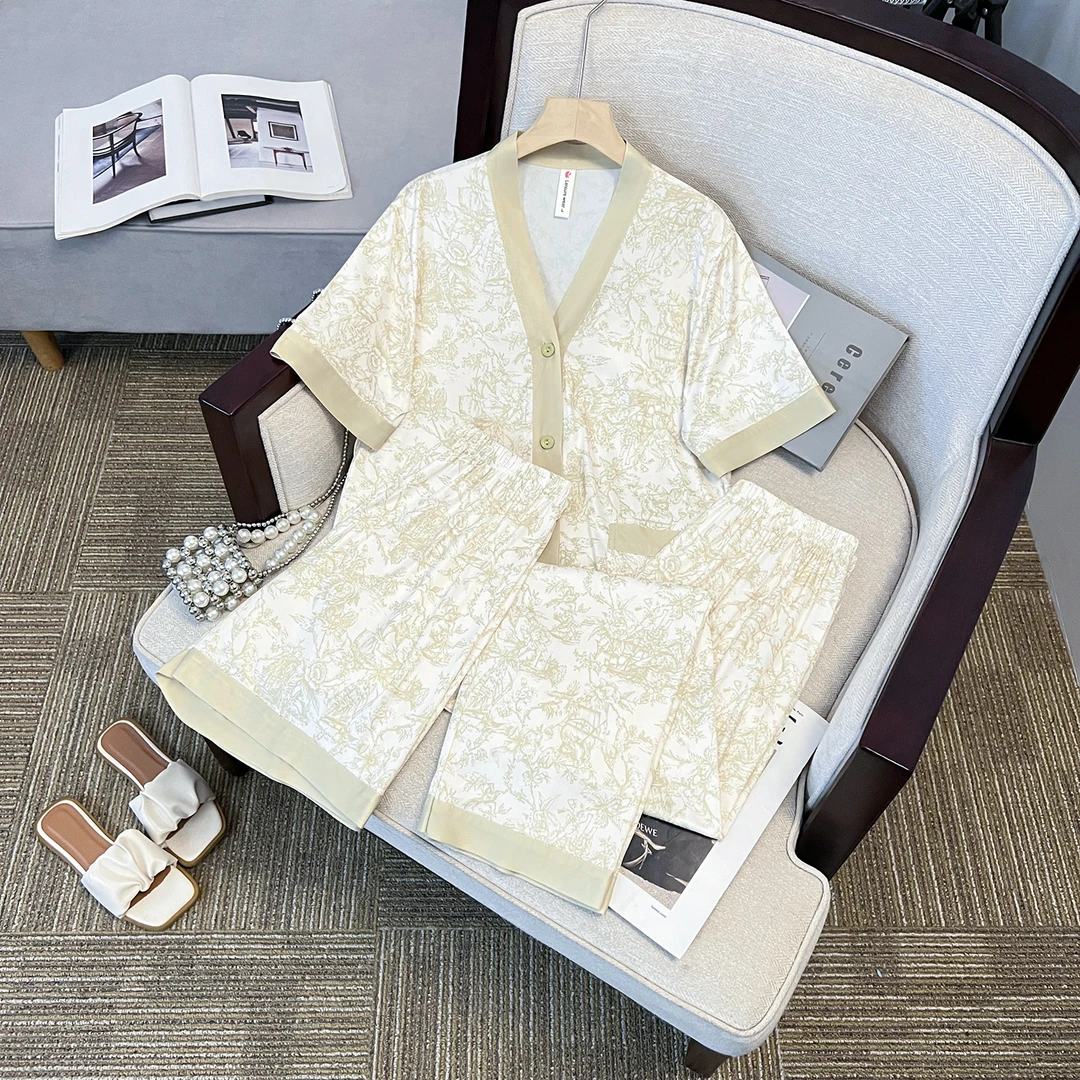 【轻奢睡衣三件套】2025夏季新款舒肤棉+弹力氨纶时尚短袖短裤长裤