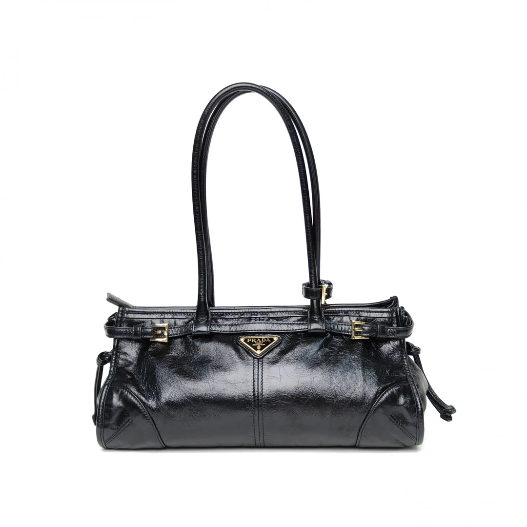 99新 Prada/普拉达 【黑黑】Soft Lux 中号 黑色 油蜡皮 金扣