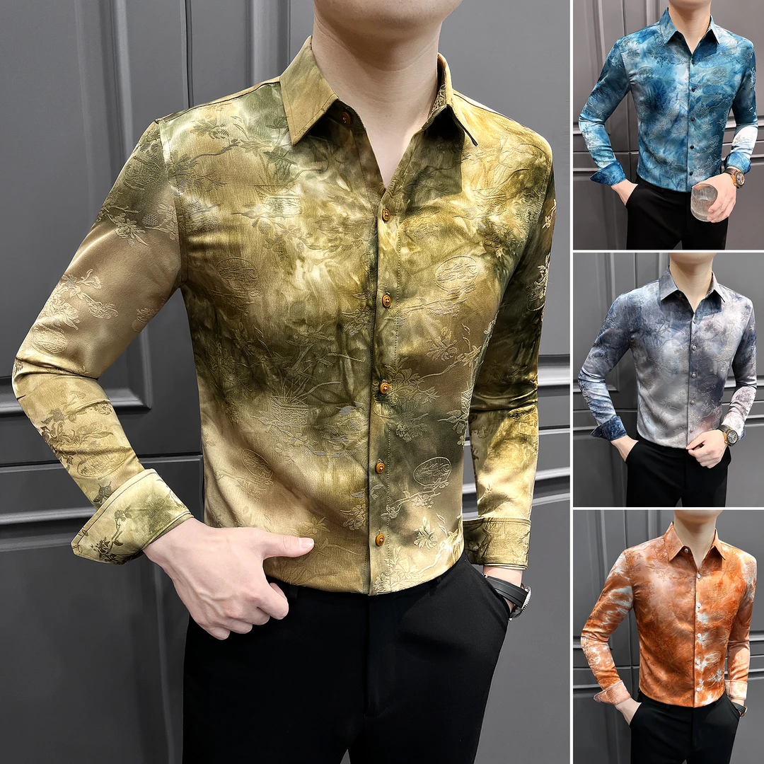 扎染碎花衬衫男款长袖2025新款网红洋气炸街男装国风刺绣男士衬衣