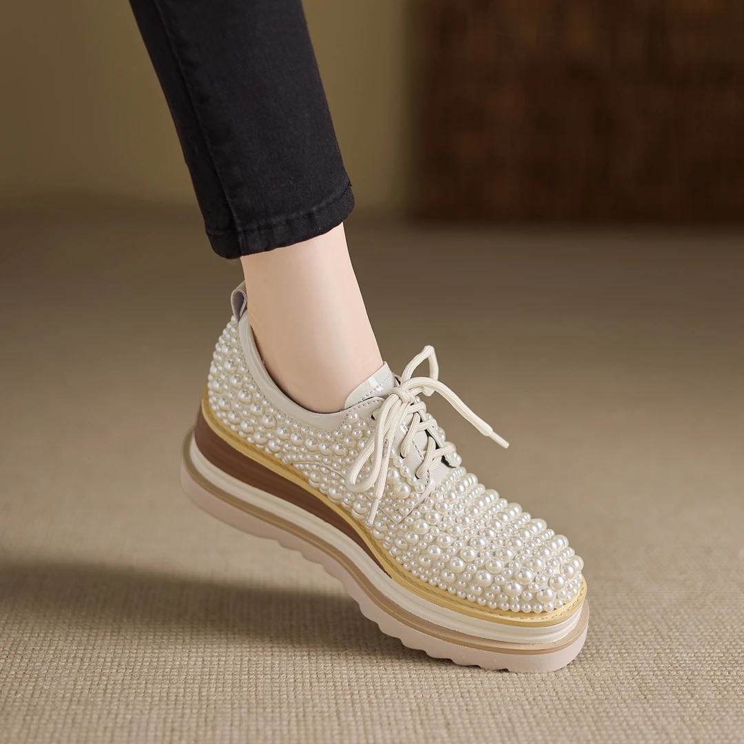 小个子增高6.5cm~重工珍珠系带深口单鞋女厚底松糕鞋休闲乐福鞋女