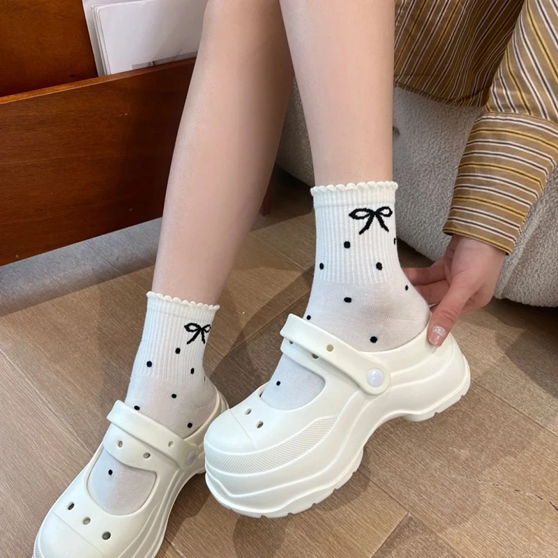 春夏季花边蝴蝶结中筒袜女透气不闷脚ins潮日系网红学生韩版袜子