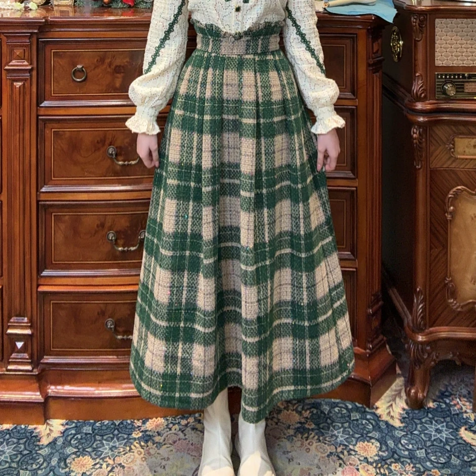 【一生罗曼】法式秋冬设计感绿色系格子裙百搭高腰时尚半身裙B1412