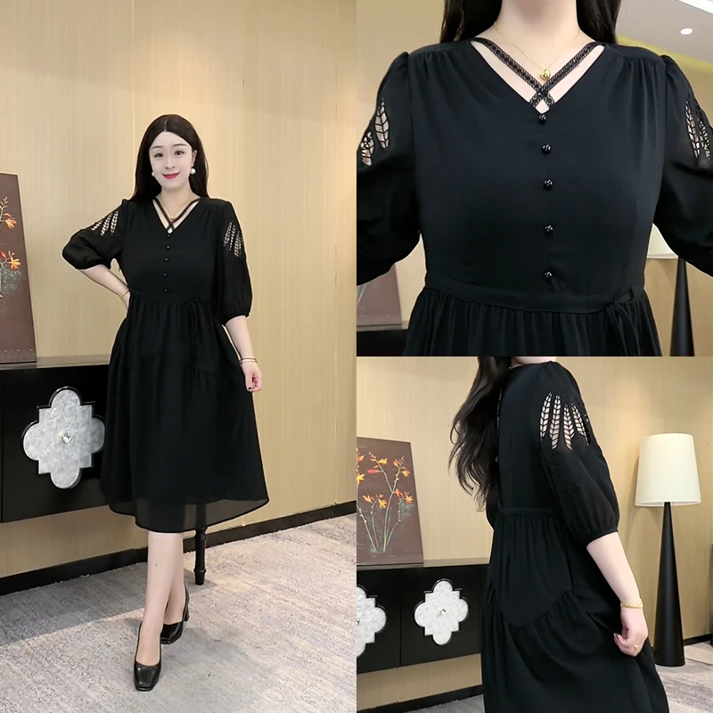 大码女装2025夏季新款气质百搭时尚显瘦遮肉连衣裙250821