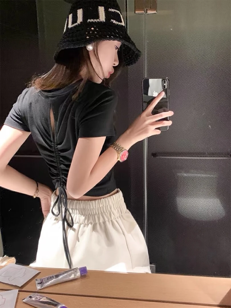 清仓福利！！【XIACC】设计感正肩t恤2025夏季新款后背镂空抽绳系带