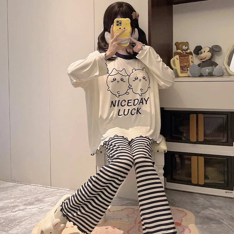 2025新款睡衣女童春秋季莫代尔长袖大童少女孩初中生家居服带胸垫