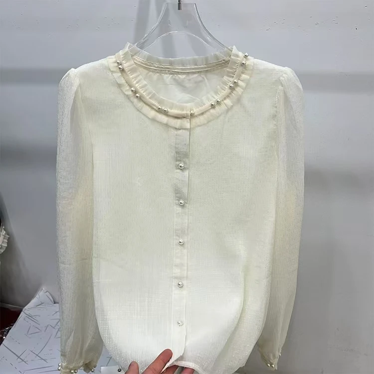 C8816韩版重工圆领钉珠长袖衬衫女春季新设计感法式超仙小衫上衣