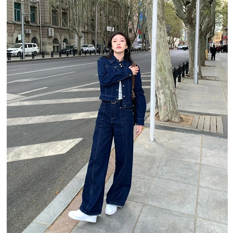 蓝色复古牛仔套装女初秋韩版休闲通勤显瘦外套阔腿裤高级感两件套