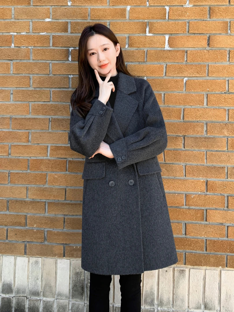 深灰色西装领毛呢大衣女中长款2025秋冬新款高级感小个子毛呢外套
