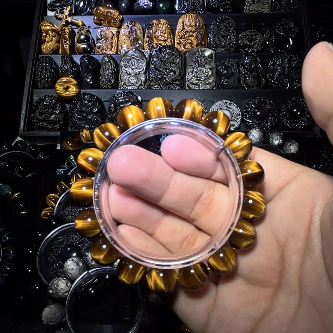 未镶嵌黑曜岩手链人***花天然虎眼石黄虎眼闪电M纹12mm