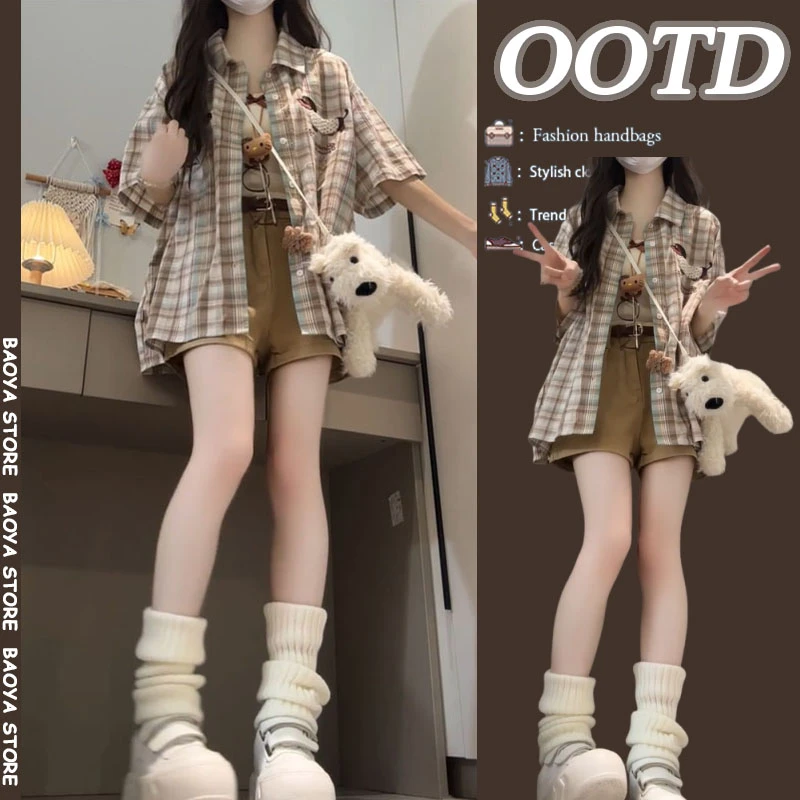 夏季搭配一整套2025新款时尚宽松格子短袖衬衫休闲百搭短裤两件套